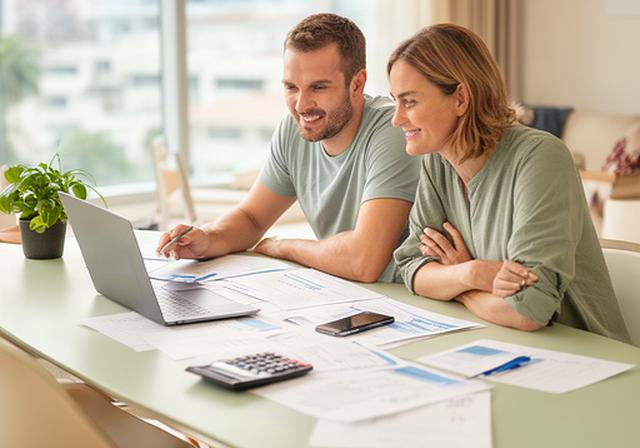 Expat couple reviewing a multi-currency family budget at a bright Singapore dining table