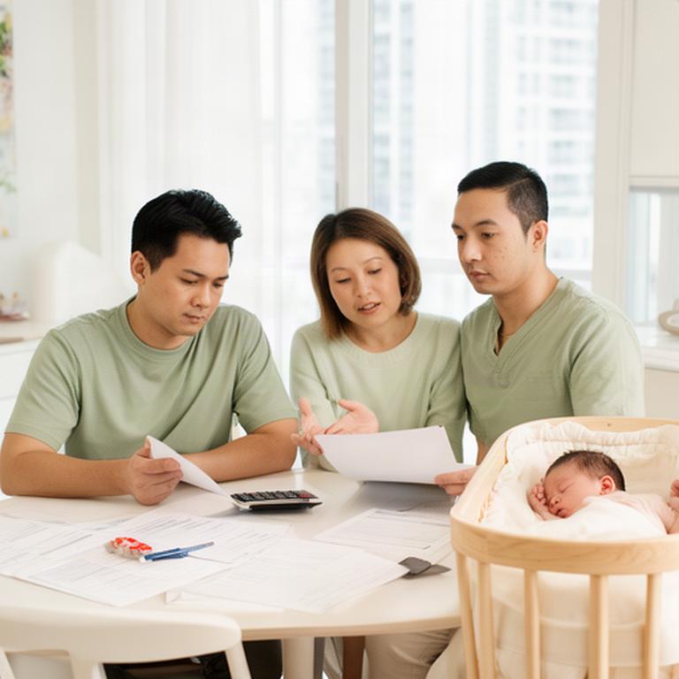 Singapore parents reviewing a household budget beside their sleeping baby in a bright home