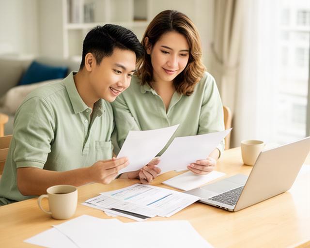 Young Singaporean couple reviewing an HDB purchase budget at a bright dining table
