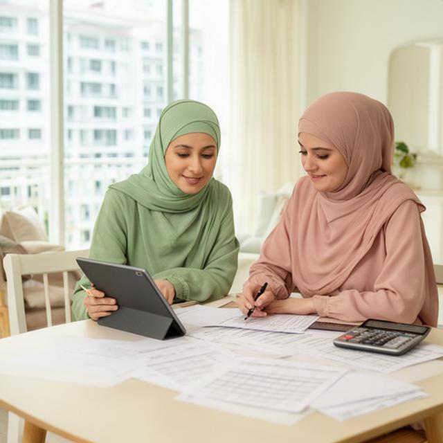 Muslim couple reviewing a household budget at a dining table in a bright Singapore home