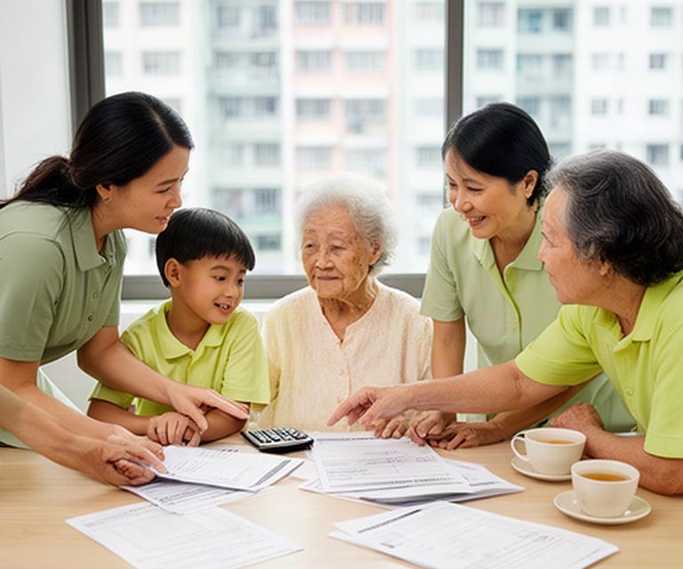 Singapore family reviewing household bills at a dining table with an elderly parent and two school-age children
